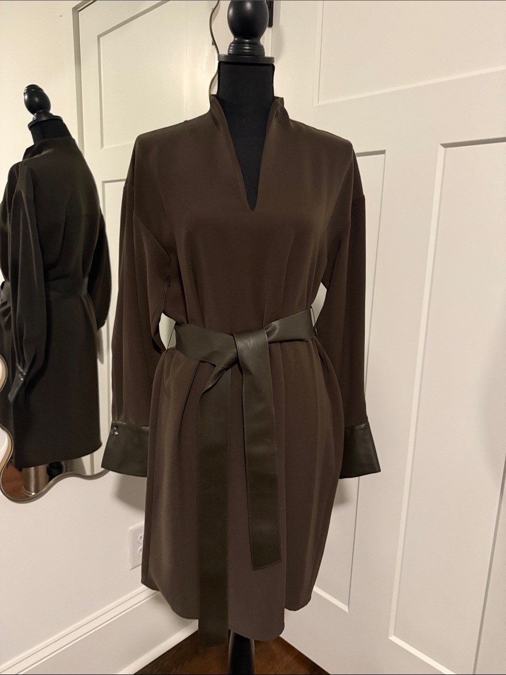 Vince Dark Brown Long Sleeve V-Neck Tie-Waist Dress